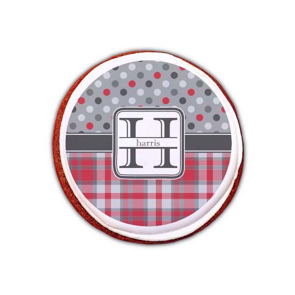Red & Gray Dots and Plaid Printed Icing Circle - XSmall - On Cookie