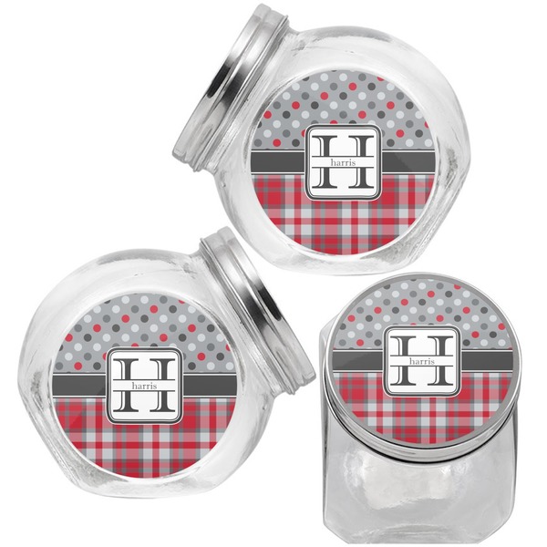 Red & Gray Dots and Plaid Puppy Treat Jar - Top Left Right