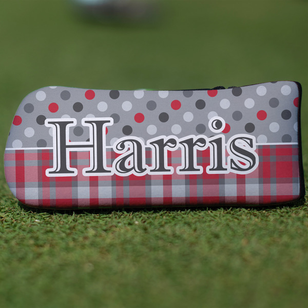 Custom Red & Gray Dots and Plaid Blade Putter Cover (Personalized)