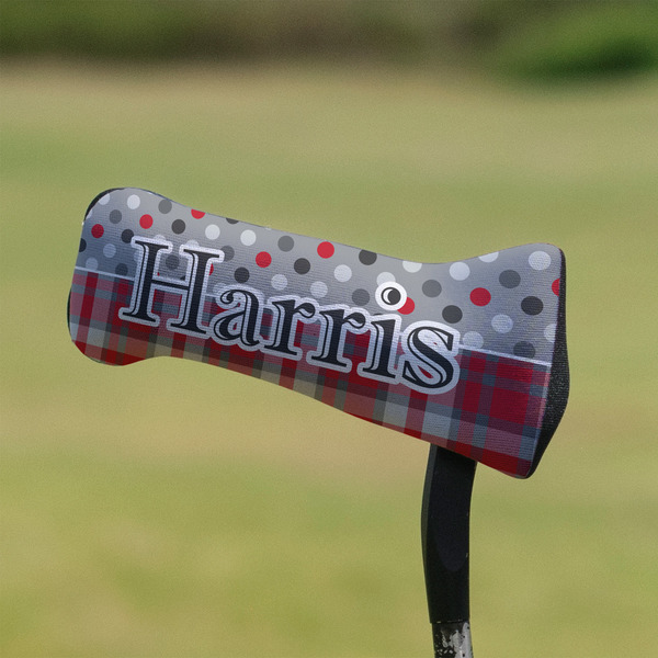 Red & Gray Dots and Plaid Putter Cover - On Putter