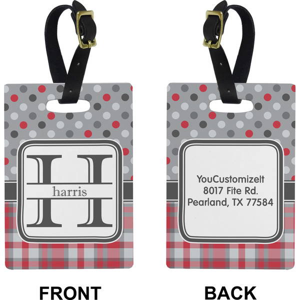 Red & Gray Dots and Plaid Rectangle Luggage Tag (Front + Back)