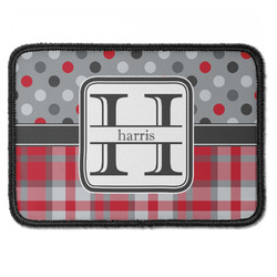 Red & Gray Dots and Plaid Iron On Rectangle Patch w/ Name and Initial