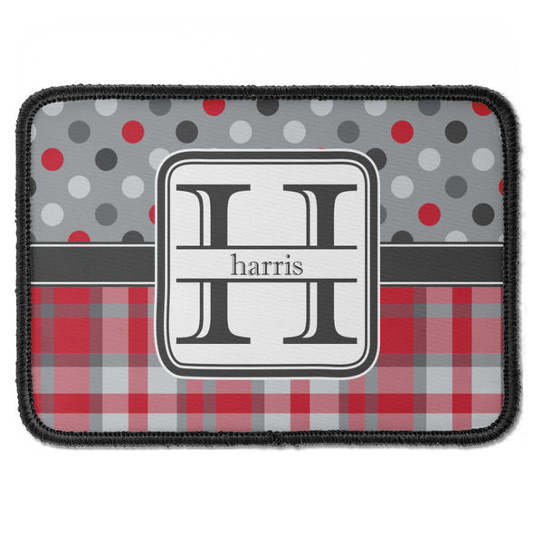 Custom Red & Gray Dots and Plaid Iron On Rectangle Patch w/ Name and Initial