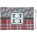 Red & Gray Dots and Plaid Rectangular Glass Appetizer / Dessert Plate - Single or Set (Personalized)