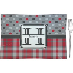 Red & Gray Dots and Plaid Rectangular Glass Appetizer / Dessert Plate - Single or Set (Personalized)