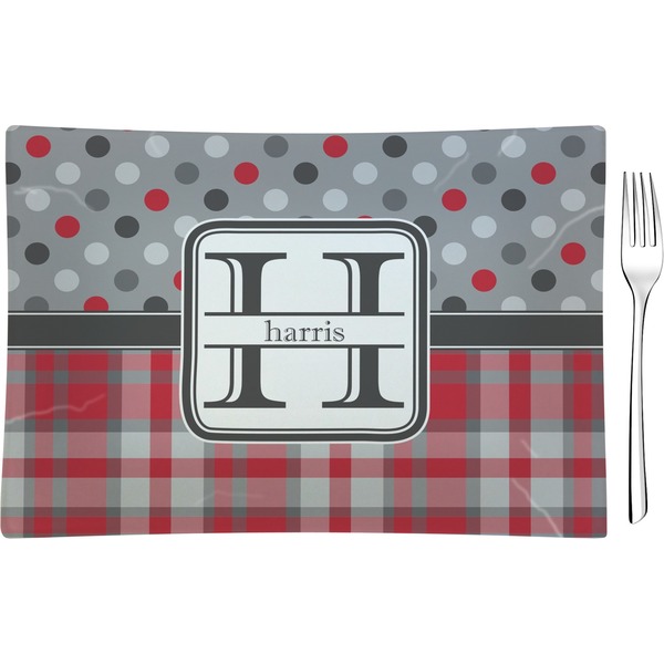 Custom Red & Gray Dots and Plaid Glass Rectangular Appetizer / Dessert Plate (Personalized)