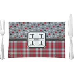 Red & Gray Dots and Plaid Glass Rectangular Lunch / Dinner Plate (Personalized)