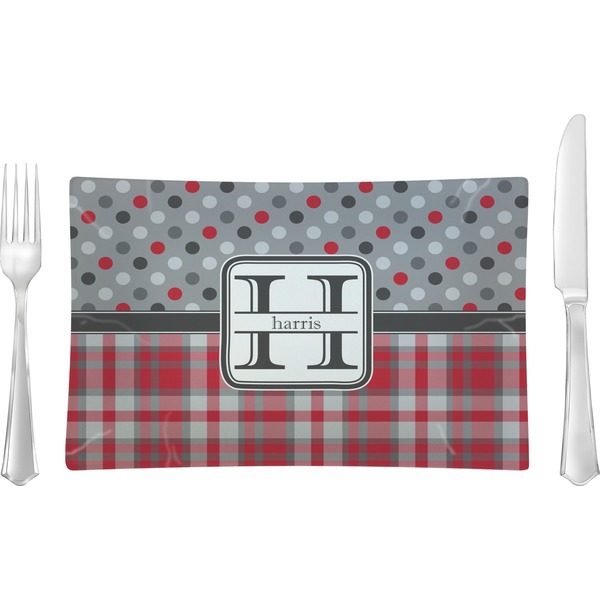 Custom Red & Gray Dots and Plaid Rectangular Glass Lunch / Dinner Plate - Single or Set (Personalized)