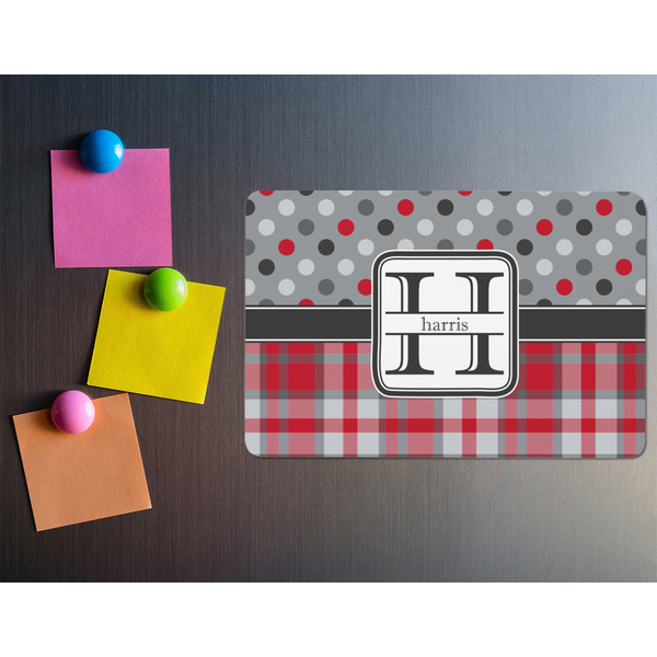 Red & Gray Dots and Plaid Rectangular Fridge Magnet - LIFESTYLE
