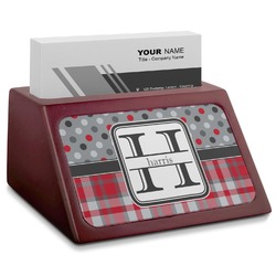 Red & Gray Dots and Plaid Red Mahogany Business Card Holder (Personalized)