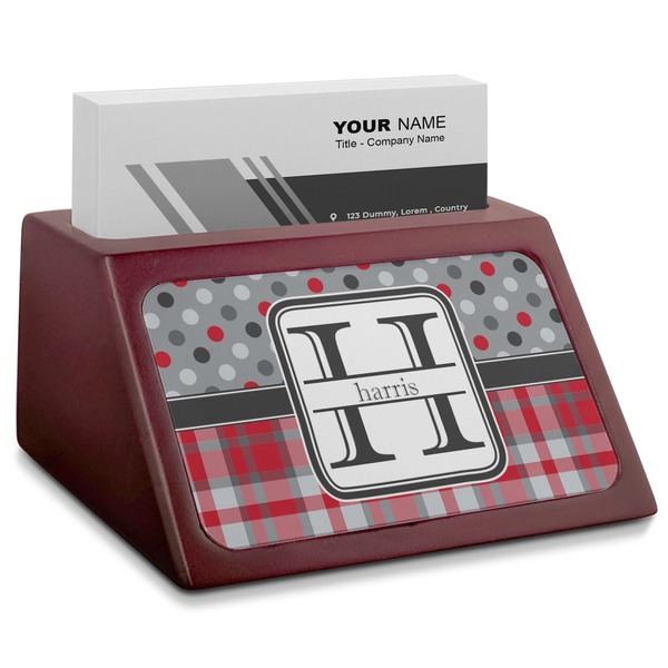 Custom Red & Gray Dots and Plaid Red Mahogany Business Card Holder (Personalized)