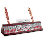 Red & Gray Dots and Plaid Red Mahogany Nameplate with Business Card Holder (Personalized)