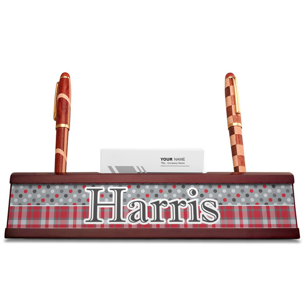 Red & Gray Dots and Plaid Red Mahogany Nameplates with Business Card Holder - Straight