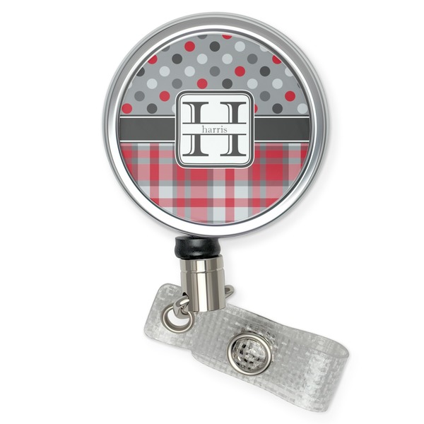 Custom Red & Gray Dots and Plaid Retractable Badge Reel (Personalized)