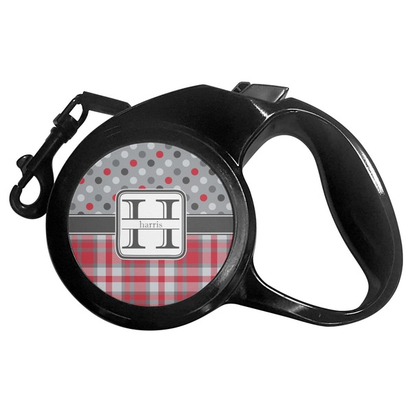 Custom Red & Gray Dots and Plaid Retractable Dog Leash - Medium (Personalized)
