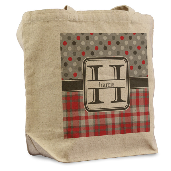 Custom Red & Gray Dots and Plaid Reusable Cotton Grocery Bag - Single (Personalized)