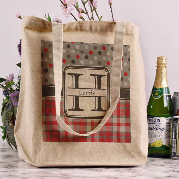 Red & Gray Dots and Plaid Reusable Cotton Grocery Bag - In Context
