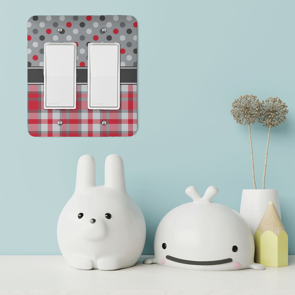 Red & Gray Dots and Plaid Rocker Light Switch Covers - Double - IN CONTEXT
