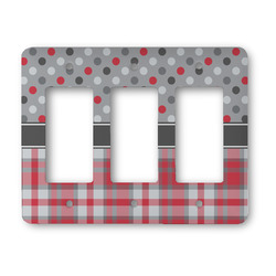 Red & Gray Dots and Plaid Rocker Style Light Switch Cover - Three Switch