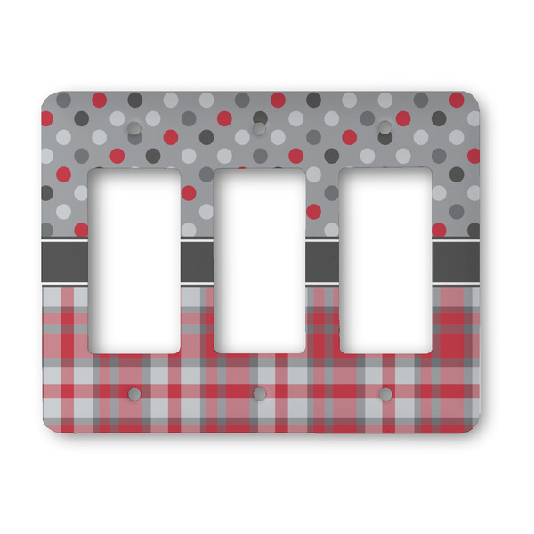 Custom Red & Gray Dots and Plaid Rocker Style Light Switch Cover - Three Switch