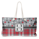 Red & Gray Dots and Plaid Large Tote Bag with Rope Handles (Personalized)