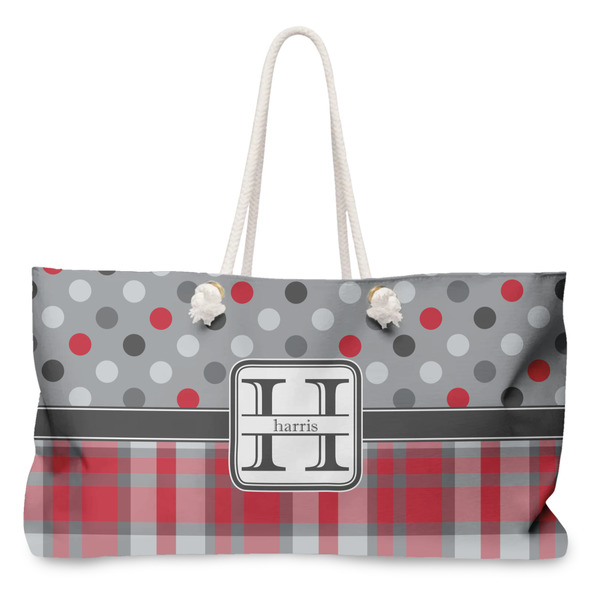 Custom Red & Gray Dots and Plaid Large Tote Bag with Rope Handles (Personalized)