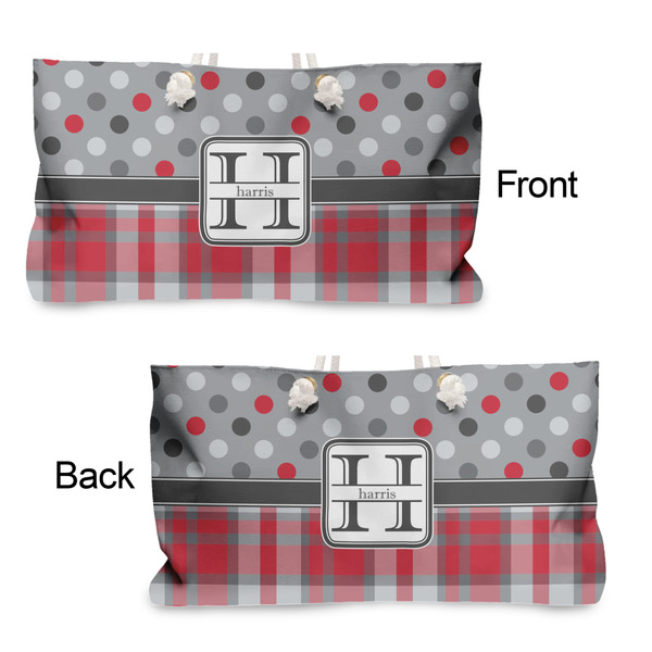 Red & Gray Dots and Plaid Large Rope Tote - From & Back View