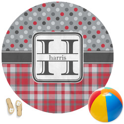 Red & Gray Dots and Plaid Round Beach Towel (Personalized)