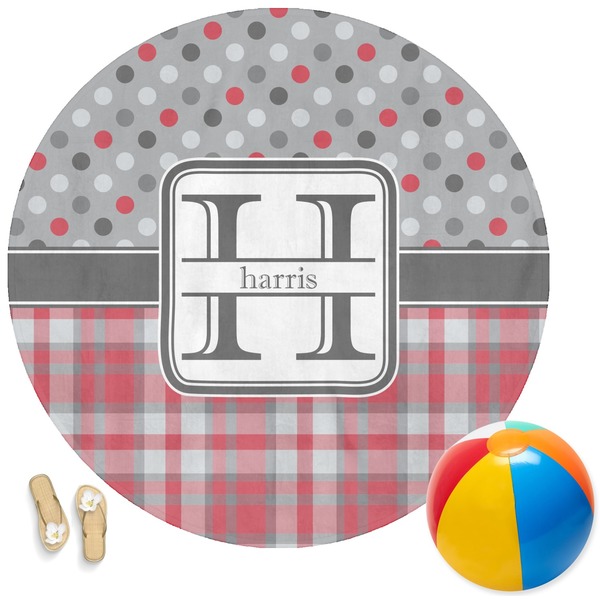 Custom Red & Gray Dots and Plaid Round Beach Towel (Personalized)