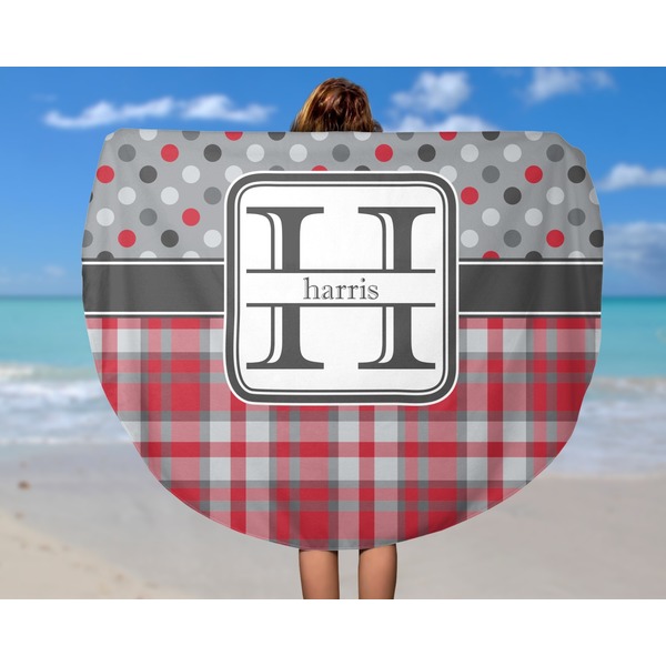 Red & Gray Dots and Plaid Round Beach Towel - In Use