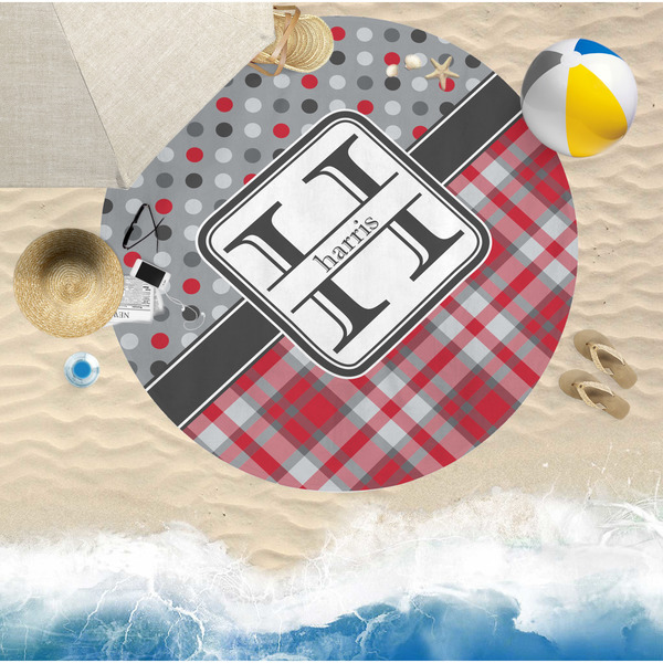 Red & Gray Dots and Plaid Round Beach Towel Lifestyle