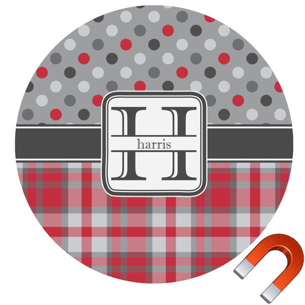Custom Red & Gray Dots and Plaid Round Car Magnet - 6" (Personalized)