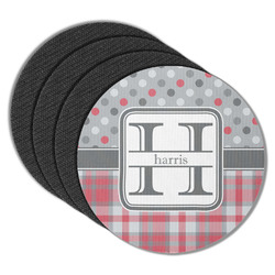 Red & Gray Dots and Plaid Round Rubber Backed Coasters - Set of 4 (Personalized)