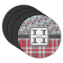 Red & Gray Dots and Plaid Round Rubber Backed Coasters - Set of 4 (Personalized)
