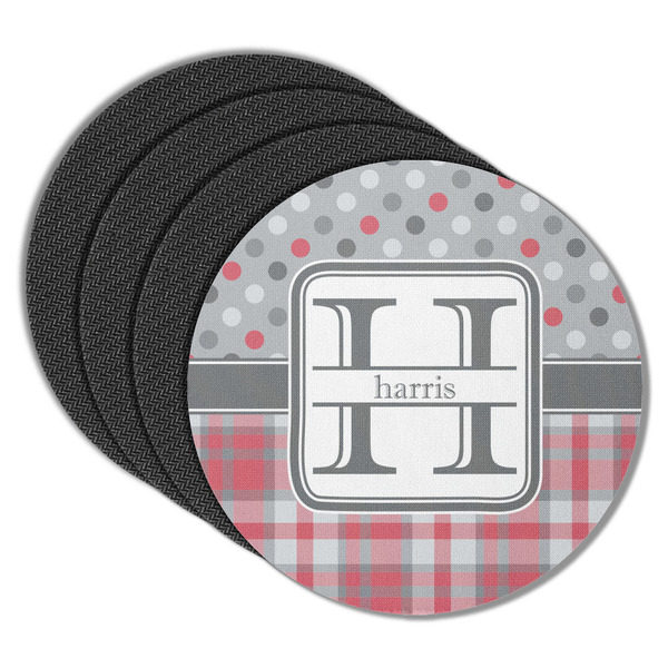 Custom Red & Gray Dots and Plaid Round Rubber Backed Coasters - Set of 4 (Personalized)