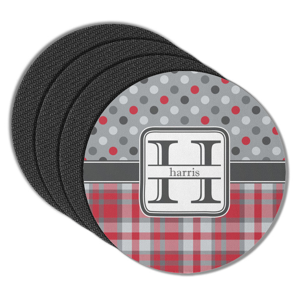 Red & Gray Dots and Plaid Round Coaster Rubber Back - Main