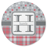 Red & Gray Dots and Plaid Round Rubber Backed Coaster (Personalized)
