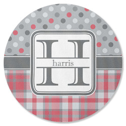 Red & Gray Dots and Plaid Round Rubber Backed Coaster (Personalized)