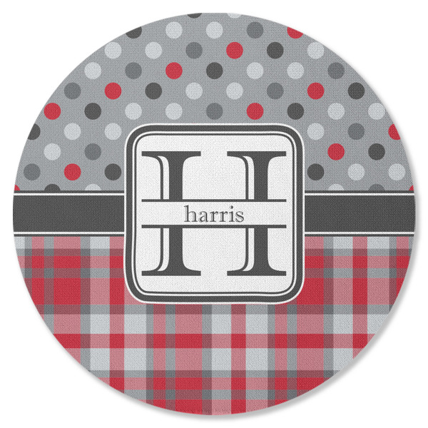 Custom Red & Gray Dots and Plaid Round Rubber Backed Coaster (Personalized)