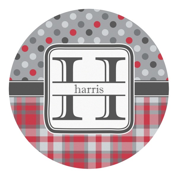 Custom Red & Gray Dots and Plaid Round Decal - XLarge (Personalized)