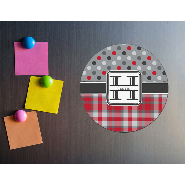 Red & Gray Dots and Plaid Round Fridge Magnet - LIFESTYLE