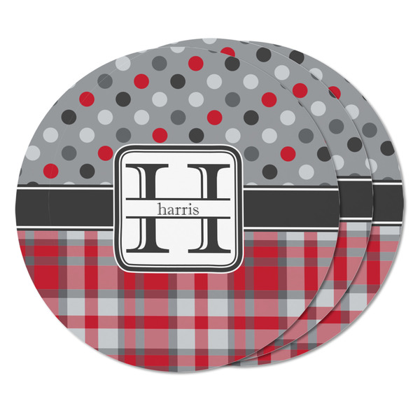 Red & Gray Dots and Plaid Round Fridge Magnet - THREE