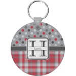 Red & Gray Dots and Plaid Round Plastic Keychain (Personalized)