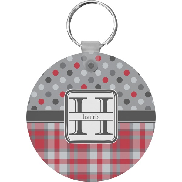 Custom Red & Gray Dots and Plaid Round Plastic Keychain (Personalized)