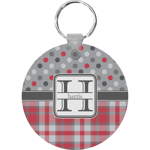 Red & Gray Dots and Plaid Round Keychain (Personalized)