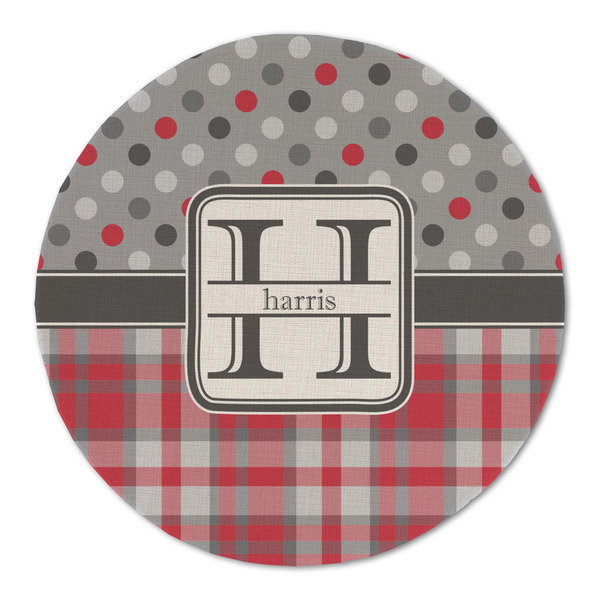 Red & Gray Dots and Plaid Round Linen Placemats - FRONT (Double Sided)