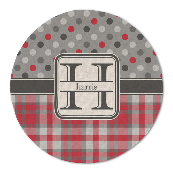 Custom Red & Gray Dots and Plaid Round Linen Placemat (Personalized)