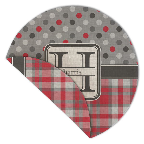 Red & Gray Dots and Plaid Round Linen Placemats - Front (folded corner double sided)