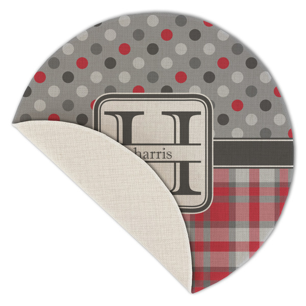 Red & Gray Dots and Plaid Round Linen Placemats - Front (folded corner single sided)