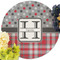 Red & Gray Dots and Plaid Round Linen Placemats - Front (w flowers)
